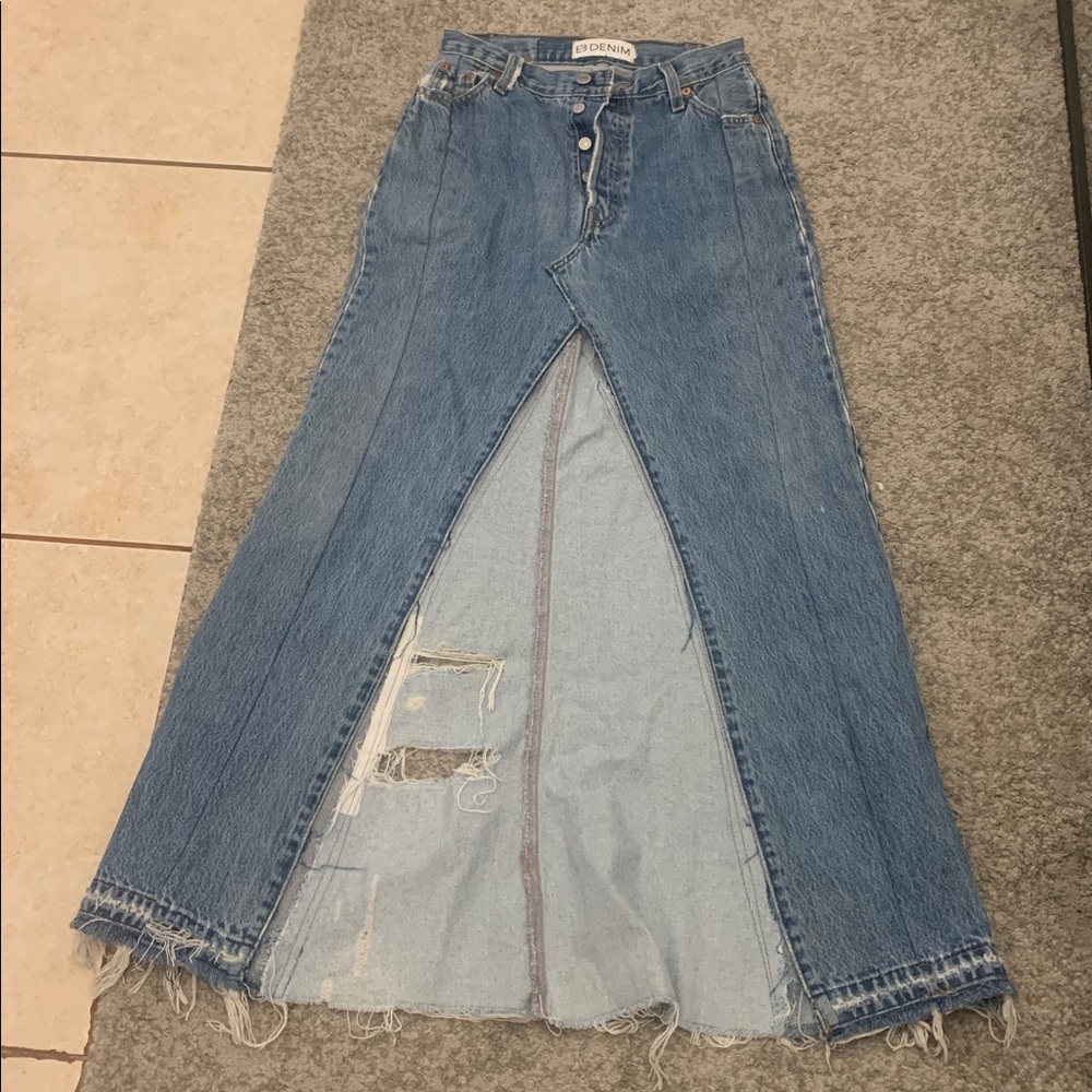 Custom vintage Levi’s denim jean two tone distressed maxi skirt middle slit high - Picture 5 of 10